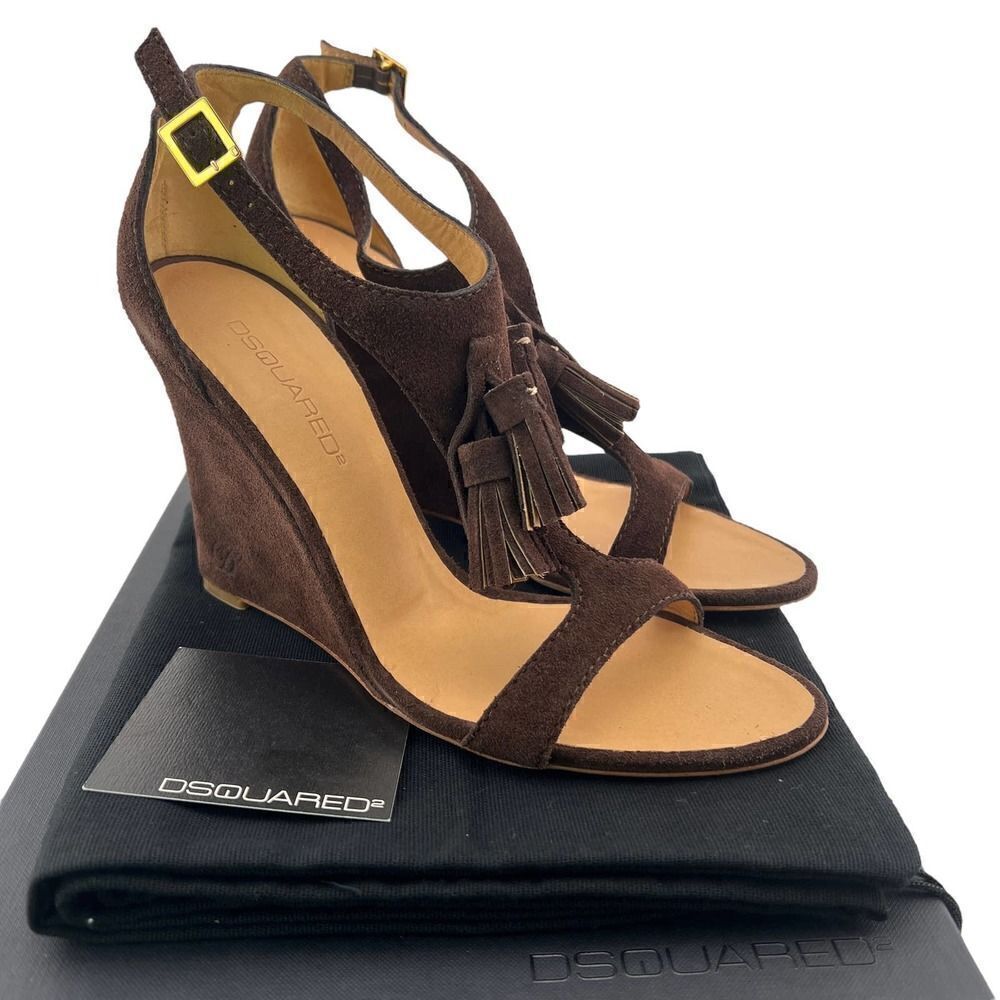 New DSQUARED 2 Women 10 Brown Suede High Heels Tassel T-Strap Wedge Sandals DSQ2